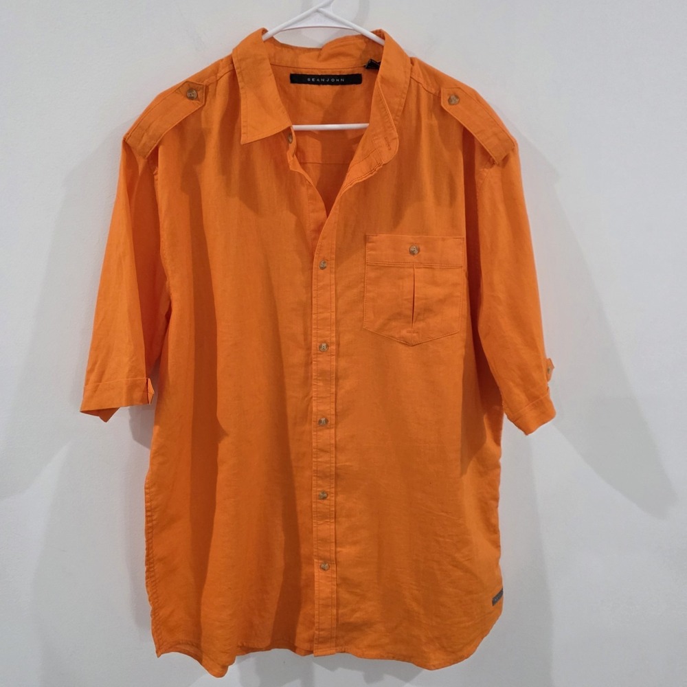 Mens Linen Button Up Shirt Size 2XL Orange Beach Colorful Bright